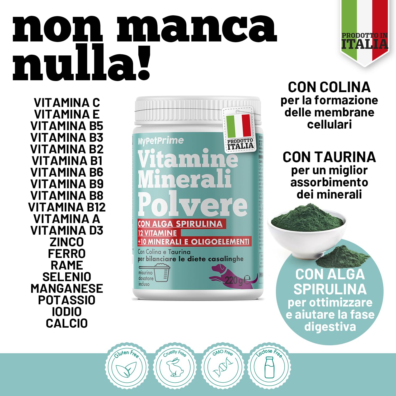 Vitamine per Cani in Polvere | 12 Vitamine + 10 Minerali | per la dieta Casalinga e Barf integra | Integratore con Alga Spirulina | 220g