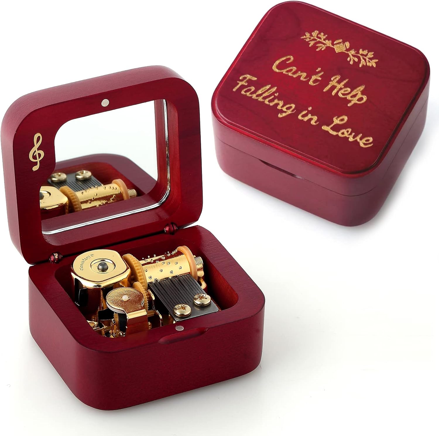 Natural Solid Wood Clockwork Square Note Octave Box with Pause and Play Function, Gift for Birthday/Mother's Day/Children's Day/Valentine's Day/Christmas, Wine-red.