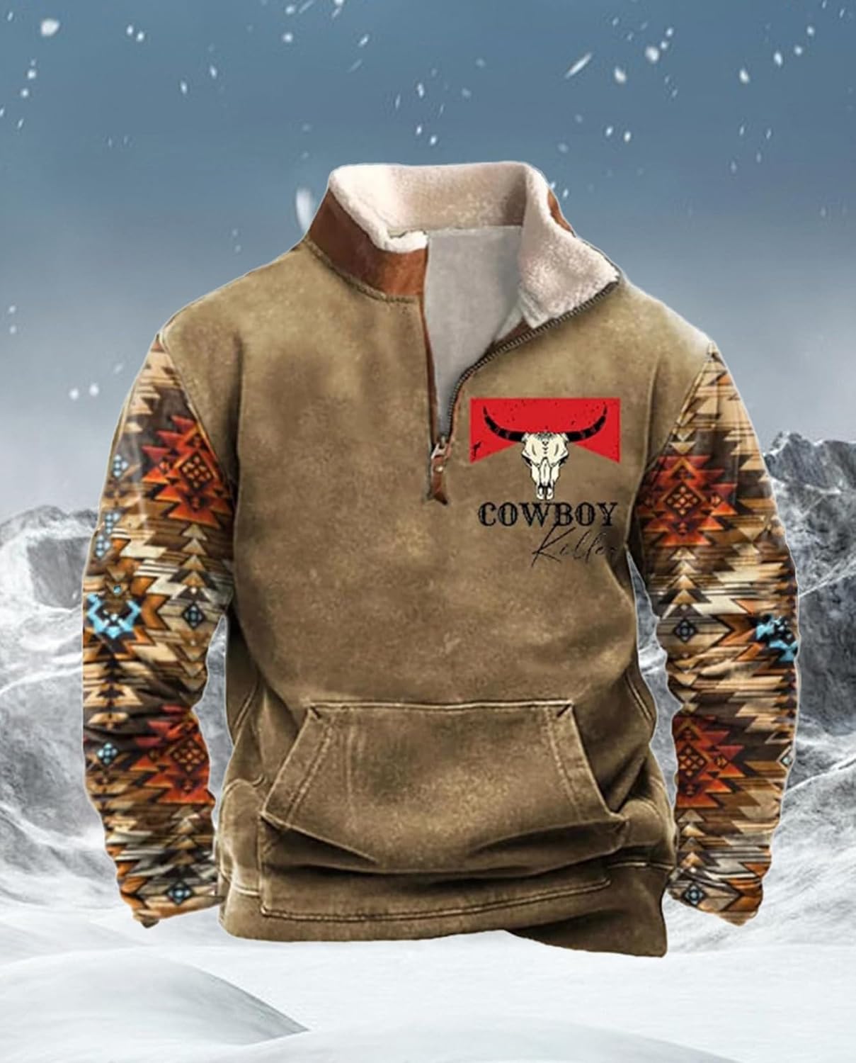 Zhyaj Western Sweatshirts for Men Aztec Cowboy Vintage Graphic Fleece Hoodie Mens Quarter Zip Pullover Country Jacket - Image 4