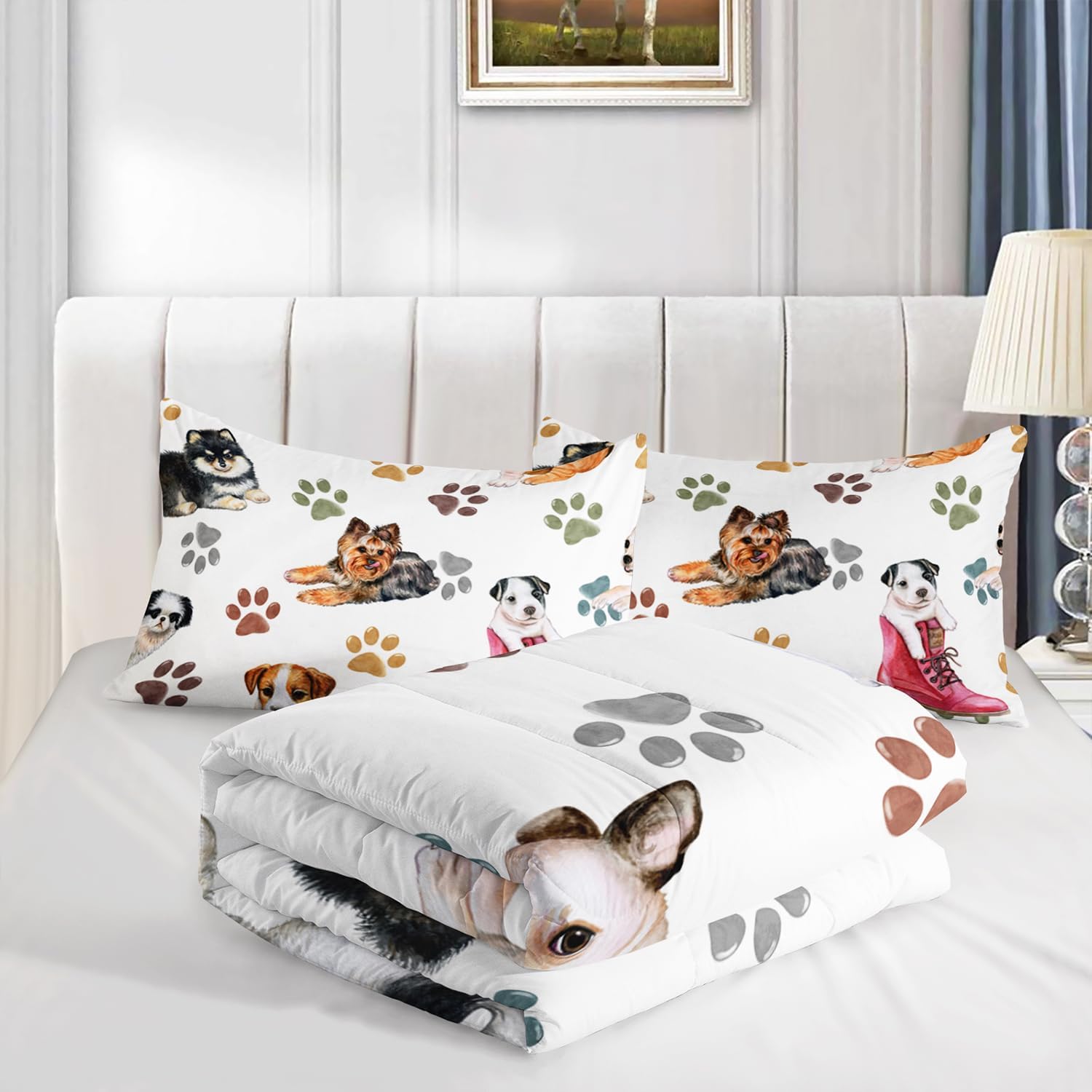 Kawaii Cartoon All Kinds of Dogs Animal Themed Comforter 3Pcs Twin Colorful Paw Printed Bedding Set for Kids Teens Girls Boys Bed Decor Cute Puppy Quilt with 1 Comforter and 2 Pillowcases