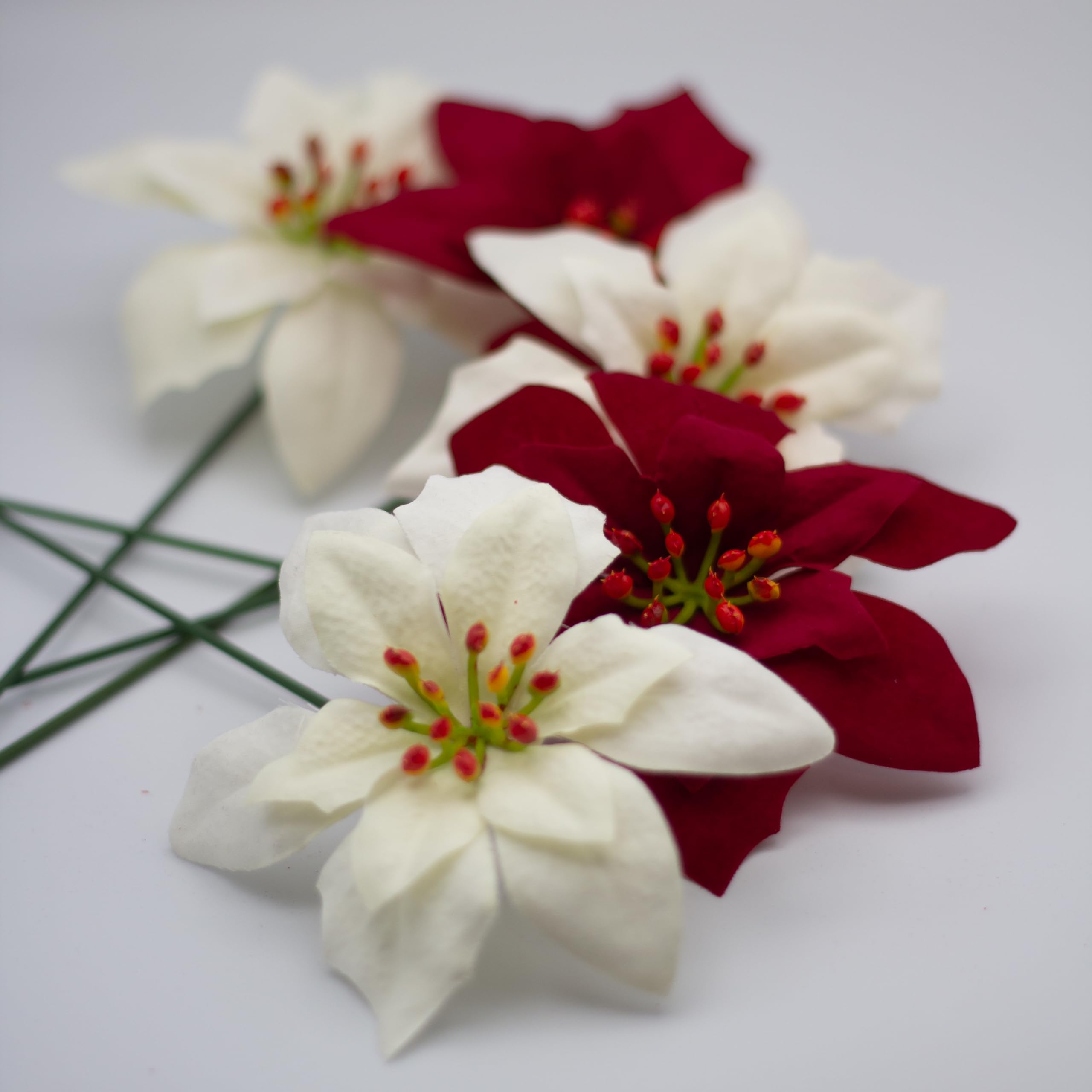 Bountiful Harvest Half Red And Half Ivory Velvet Poinsettia Pick - 12Cm Diameter - Wreaths Garlands Floristry -Enchant Your Christmas Decoration With Luxurious Red Velvet Picks (24, )