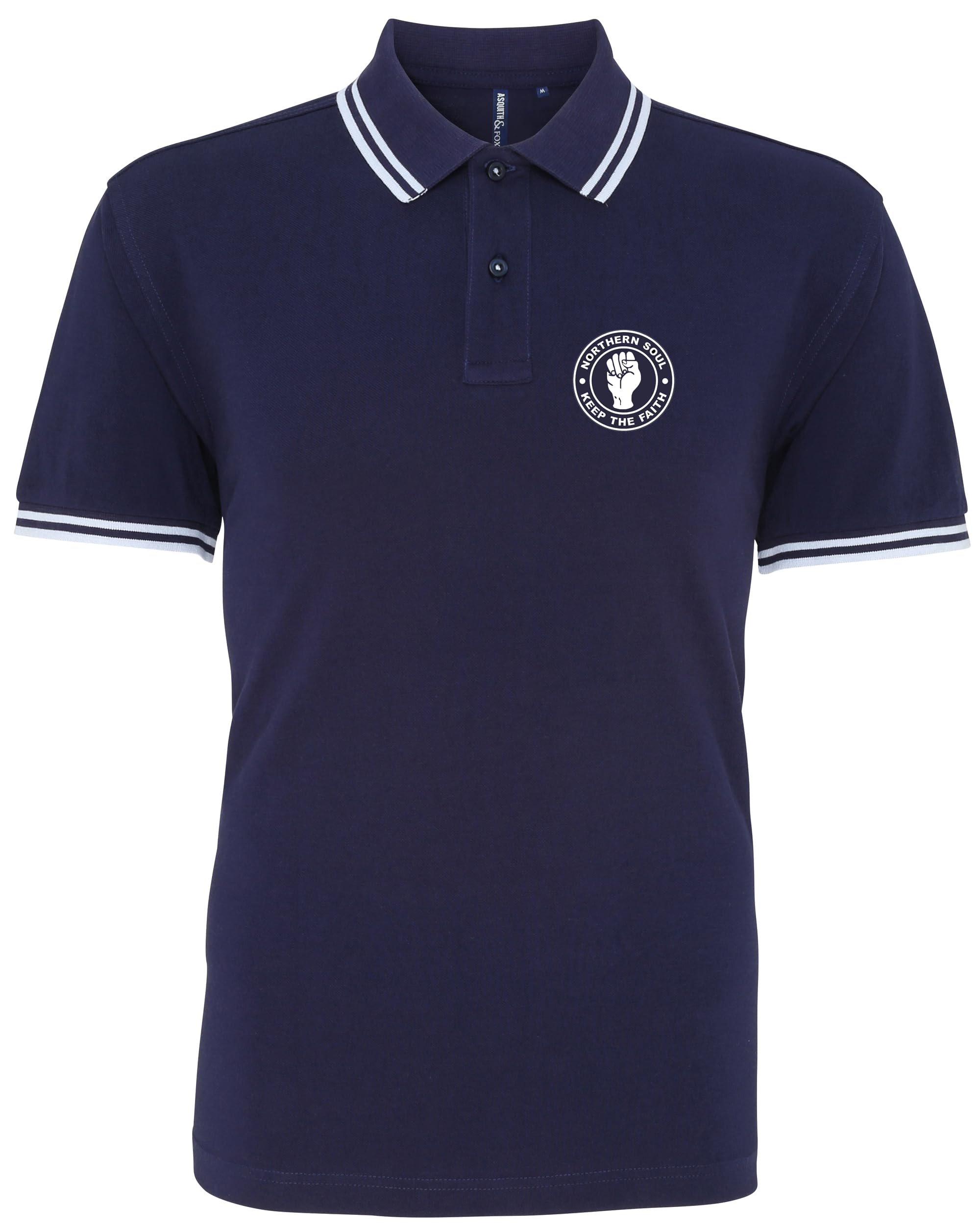 Hiviz Kings Men's Navy & White Northern Soul Keep The Faith Embroidered Tipped Polo Shirt (S 37", )
