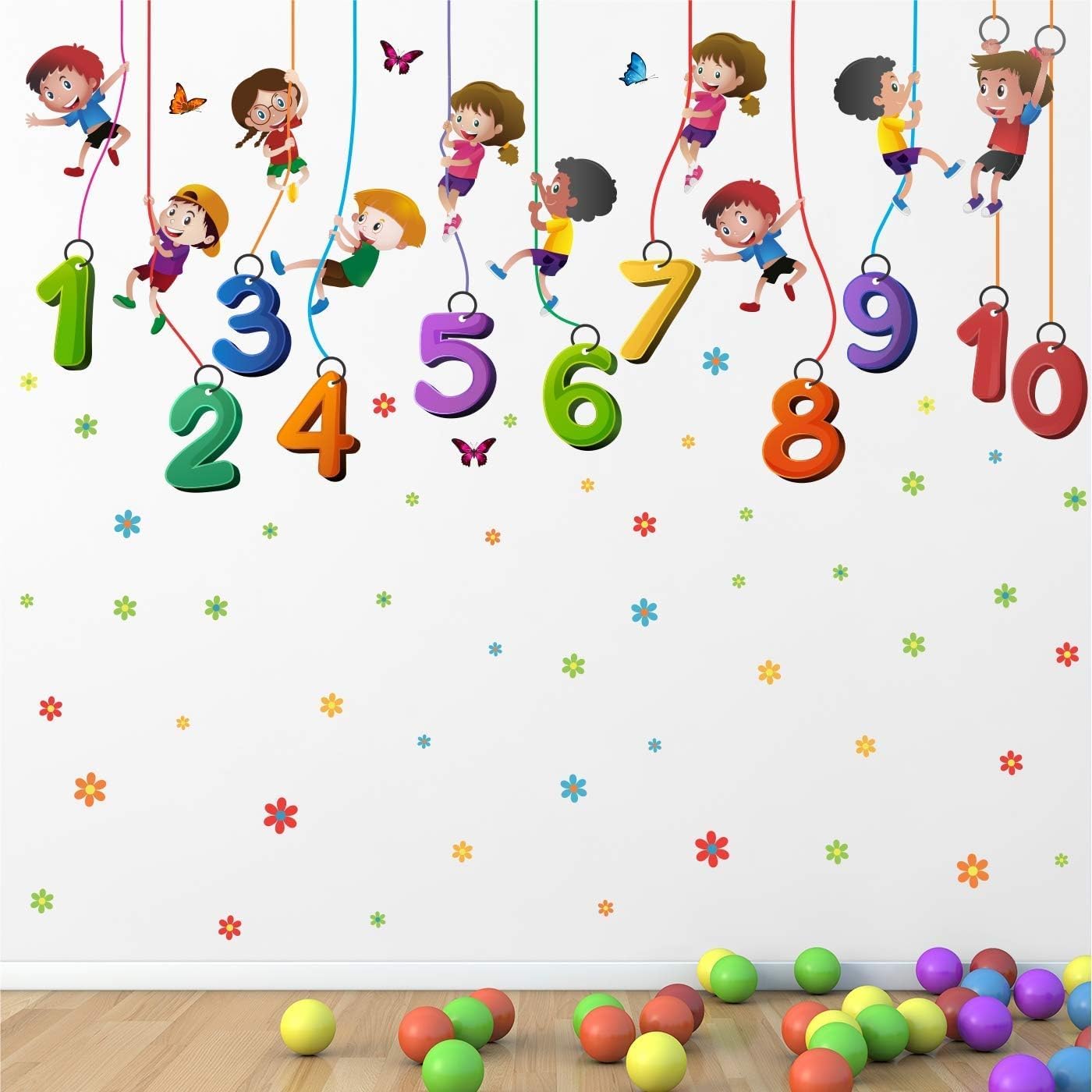 'Kids Playing Climbing Up The Rope - Numbers - Baby - Kids - Learning Education Nursery Pre School Kinder Garden Wall Self-Adhesive Sticker ' - (Multi Colour, Vinyl - 160cms X 60 cms