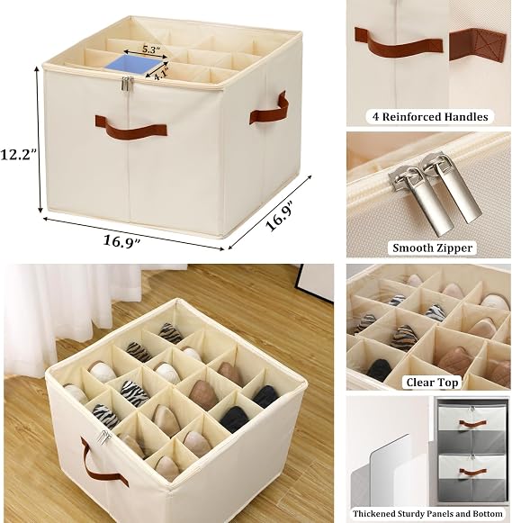 Shoe Storage Box, Fits 16 Pairs, Foldable Shoe Organiser with Clear Zip Cover, Adjustable Dividers & Handles, Space Saver Shoes Holder for Closet & Wardrobe