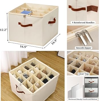 Shoe Storage Box, Fits 16 Pairs, Foldable Shoe Organiser with Clear Zip Cover, Adjustable Dividers & Handles, Space Saver Shoes Holder for Closet & Wardrobe