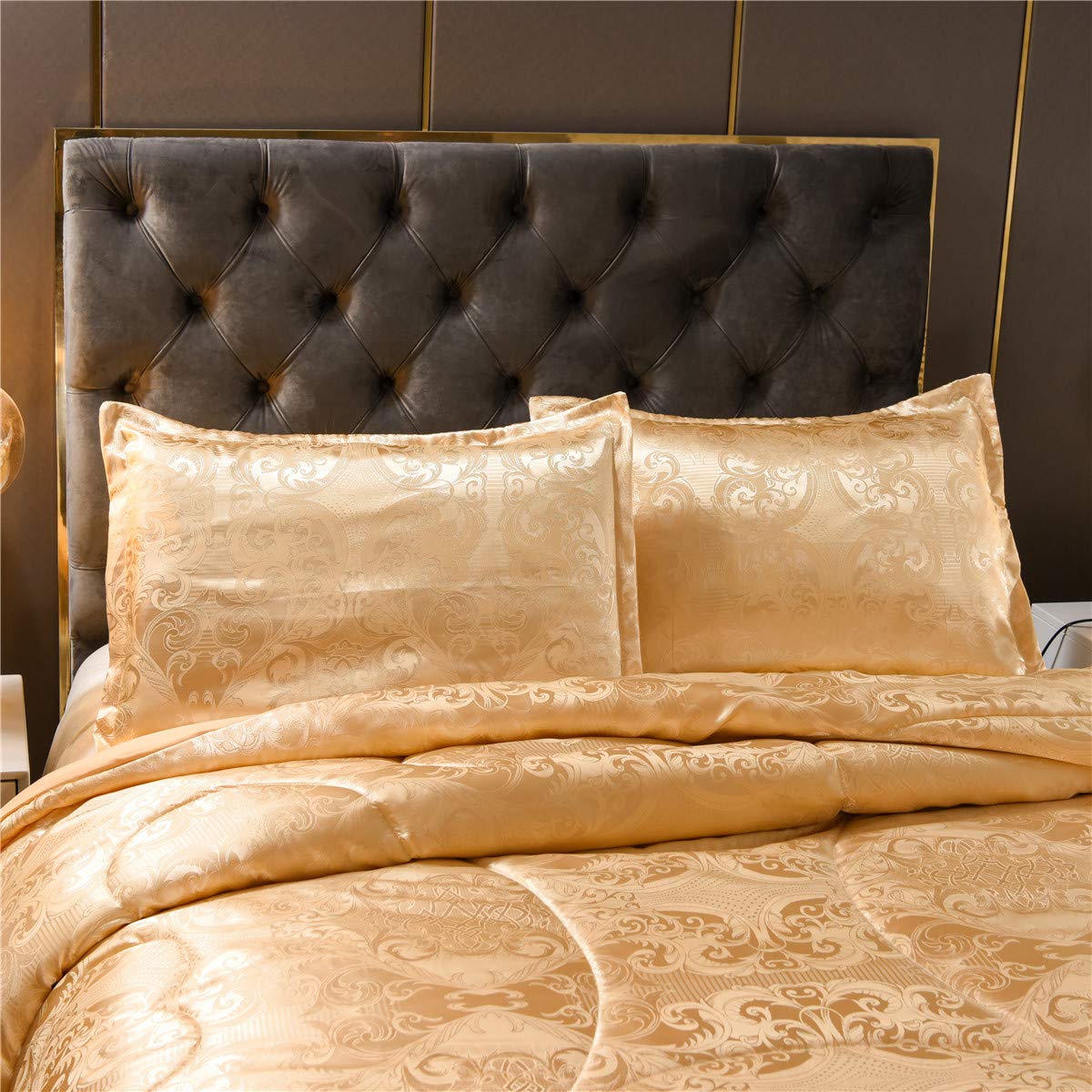 Juego de edredón tamaño Queen: juego de cama de seda dorada de lujo para todas las estaciones, edredón ligero de microfibra suave y juegos a juego con 2 fundas de almohada 2