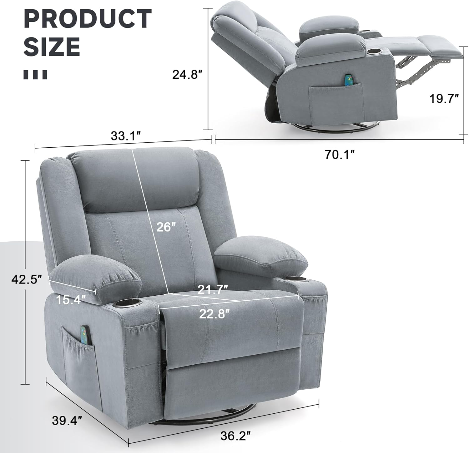 Swivel Rocker Recliner Chair with Heat and 8-Point Massage, Extra Wide Manual Lounge Sofa for Adults, Overstuffed Living Room Chair with 2 Cup Holders, 4 Pockets & Remote