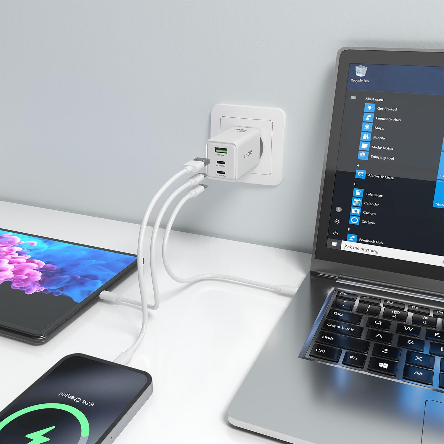 Cargador de Pared GaN Aisens ASCH-65W3P072-W/ 2xUSB Tipo-C/ 1xUSB/ 65W/ Blanco