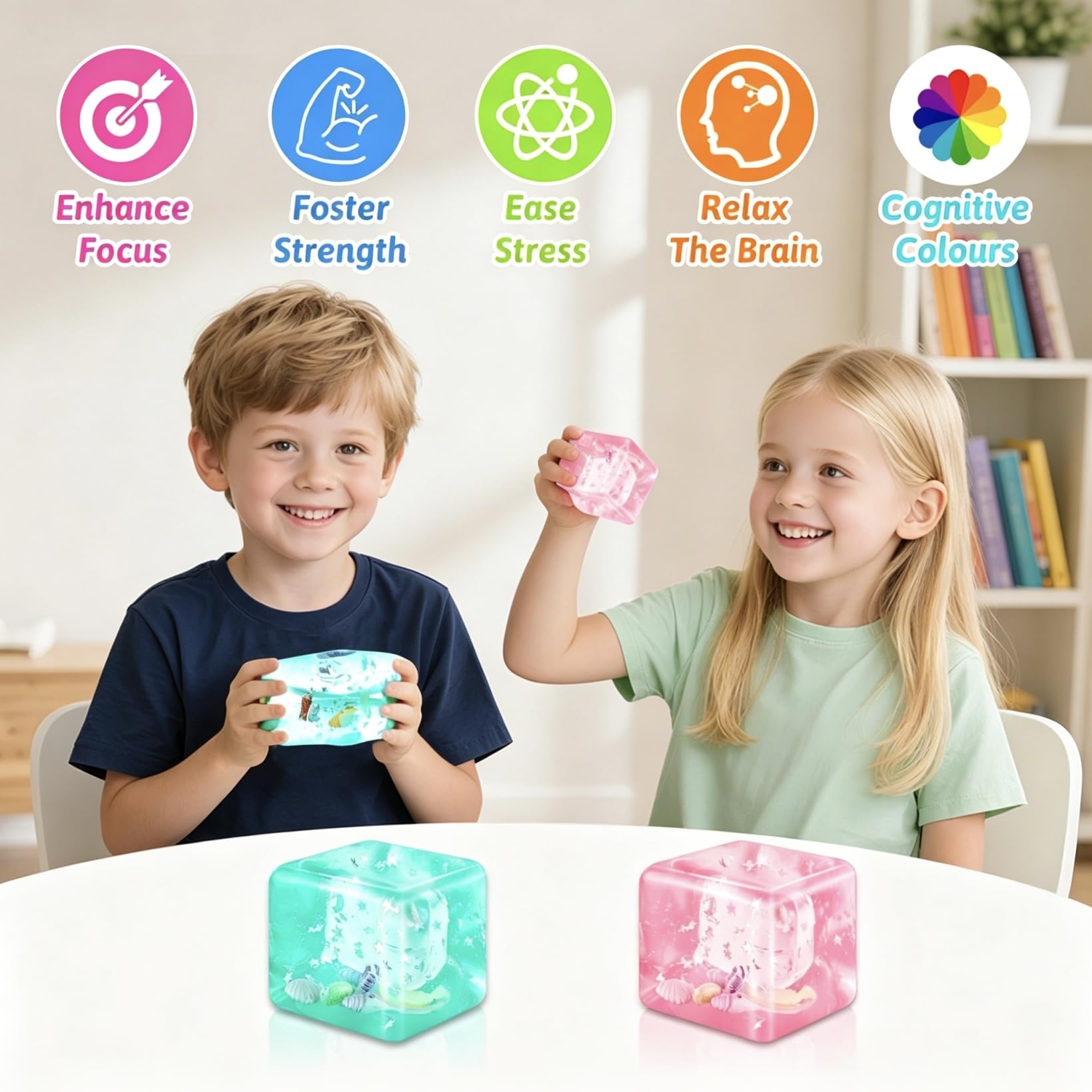 2-częściowe zabawki Squishy Cube Kulki, Kostka Lodu z Cukrowanym Słodkim Miodem z Muszlami i Pływającymi Gwiazdami, Wypełnione Zabawki Squishy Ball dla Dzieci i Dorosłych na Ulgę