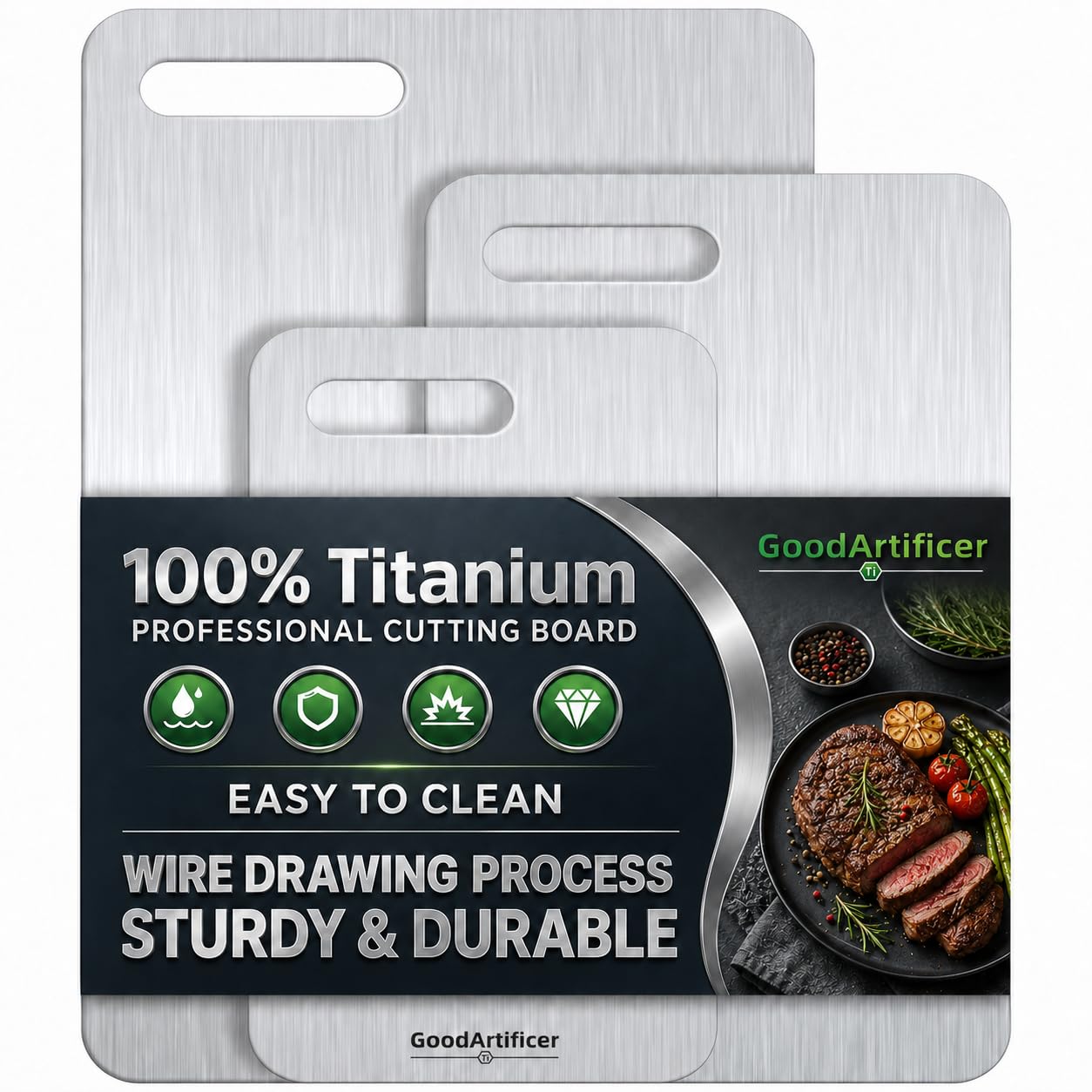 Photo 1 of 100% Pure Titanium Cutting Board Set of 3, Reversible Dual Side Hygienic Kitchen Cutting Board, Odor Resistant Stain Proof Metal Board with Handle Cutout, Dishwasher Friendly