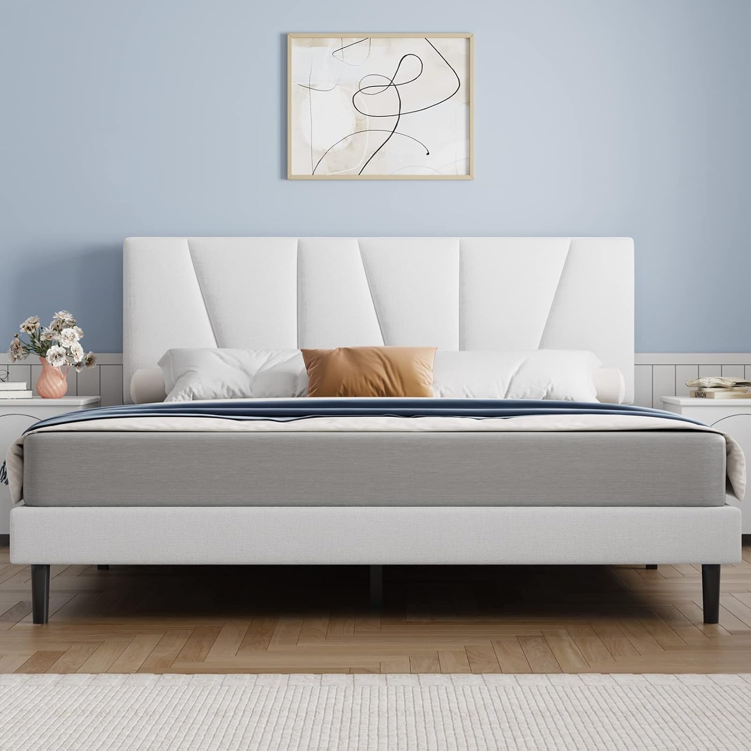 Twin Bed Frame,Molblly Bed Upholstered Platform with Headboard and Strong Wooden Slats,Strong