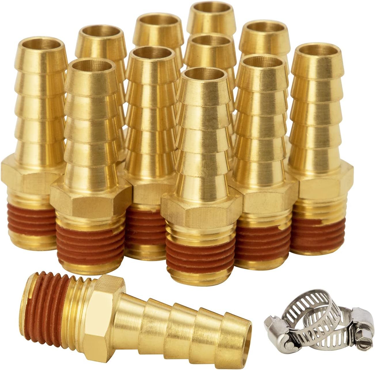 SUNGATOR12-Pack Air Hose Fittings, Hose Connectors, 1/4'' NPT to 3/8'' Barb, Hose Barb Adapter with Sealant, Brass Pipe Fittings Male Threaded with 12 Pcs Hose Clamp