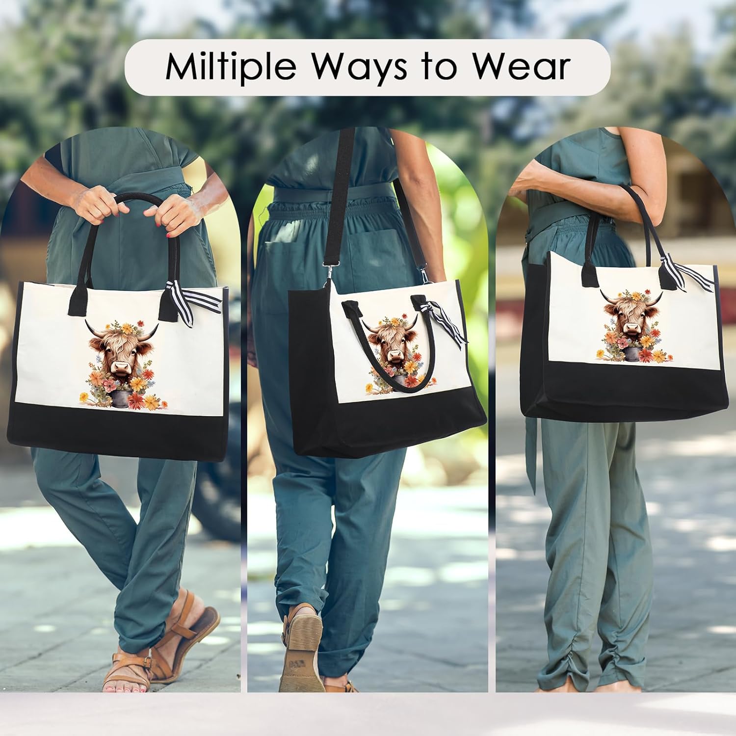 Highland Cow Gifts Tote Bag - Mother's Day Gift Personalized Highland Cow Canvas Tote Bag with Zipper Aesthetic Floral Reusable Grocery Handbag for Women Cow Lover Mothers Day Travel Beach Bag - Image 6