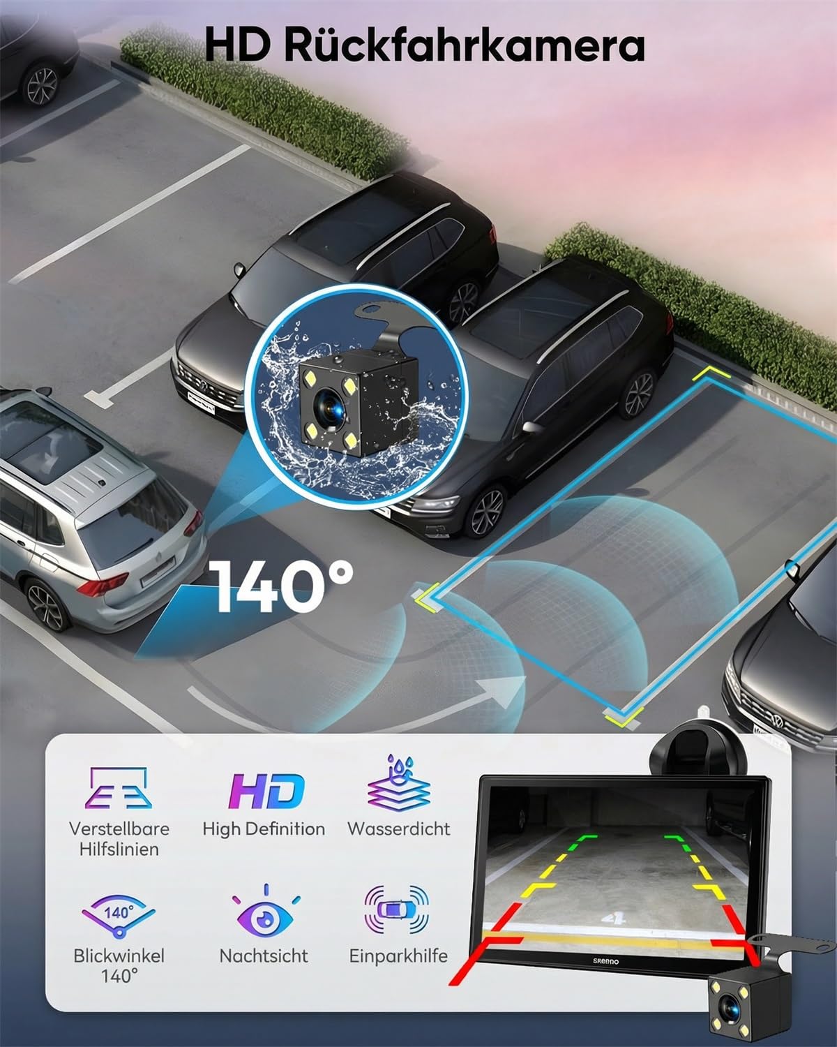 ESSGOO Carplay Android Auto Display mit Rückfahrkamera,9 Zoll Carplay Bildschirm für Apple/Android Auto/AirPlay/Mirror Link,Wireless Touchscreen GPS Navigation,mit Bluetooth5.3,AUX,FM,Sprachassistent