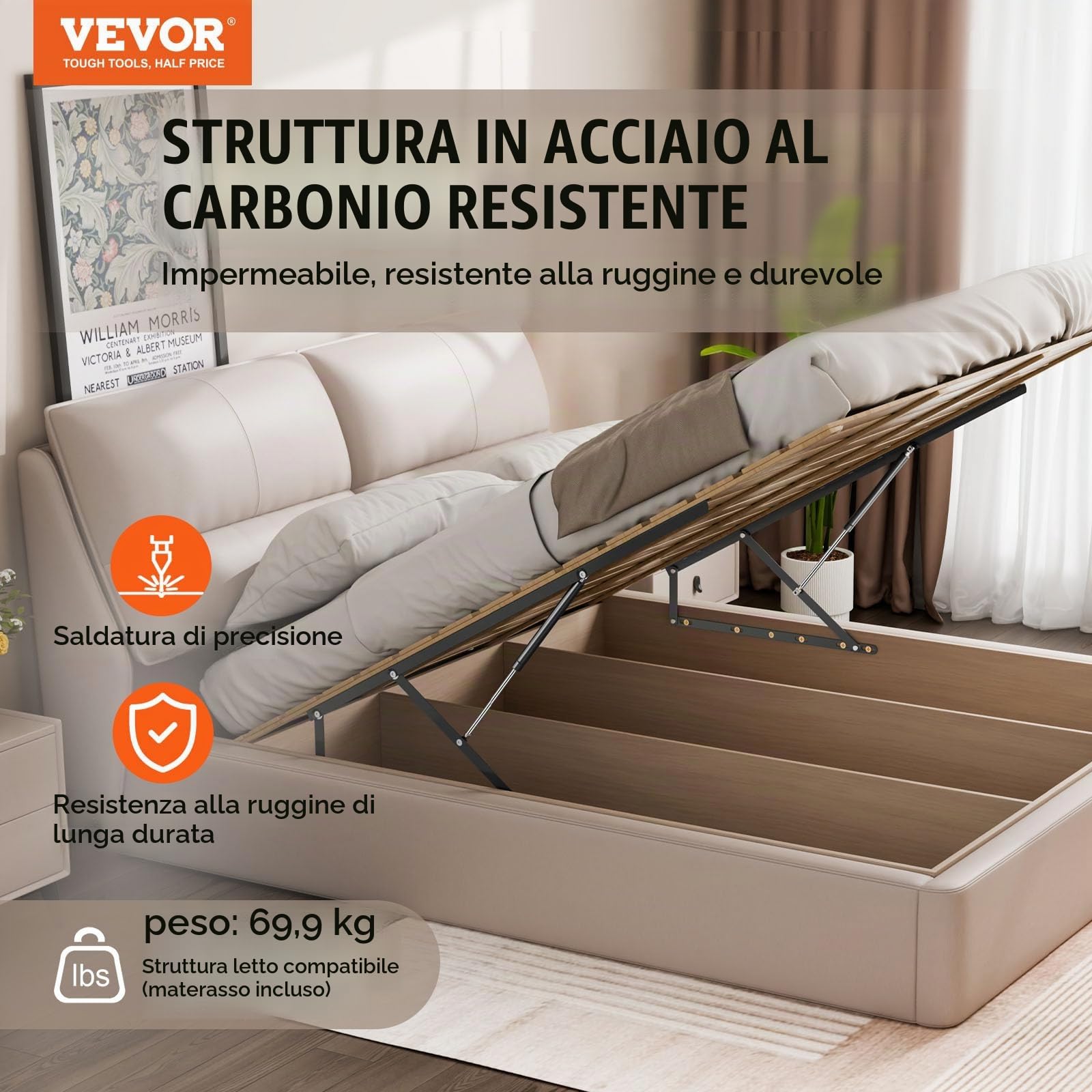 VEVOR Sollevatore per Letto, Dimensioni Letto Compatibili 1500 x 1800 mm Kit Hardware Meccanico per Letto Murphy, Carico 70 kg Leva Pneumatica, Supporto Letto per Carichi Pesanti, Camera degli Ospiti