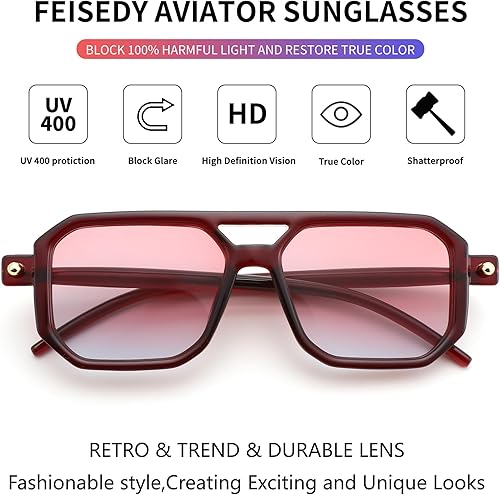 Miniatura 88 de Feisedy - B2622 - Lentes de sol estilo aviador, cuadrados, clásicos de los años 70, unisex, con montura clásica retro y elegante, UV400 Marco