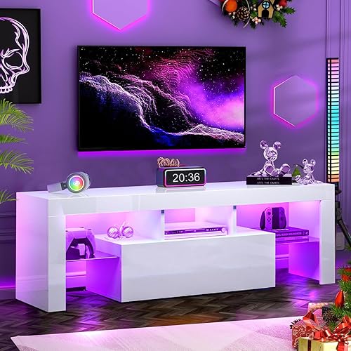 HOUAGI LED TV Stand for Televisions up to 55 Inchs, Black Modern Entertainment Center with Storage Drawer and Glass Shelf, TV Console Table for Living Room,Bedroom, 50in
