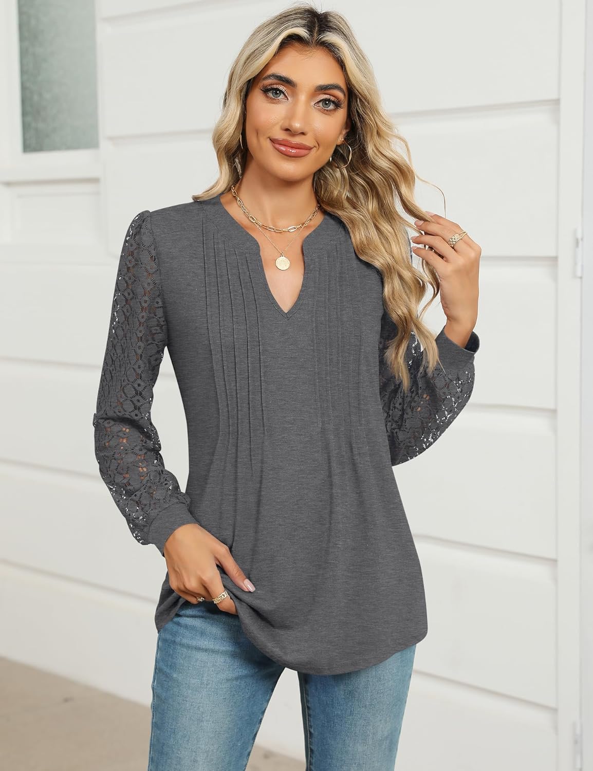 Micoson Womens Lace Long Sleeve Tops V Neck Pleated Blouses Dressy Casual Work Shirts - Image 2