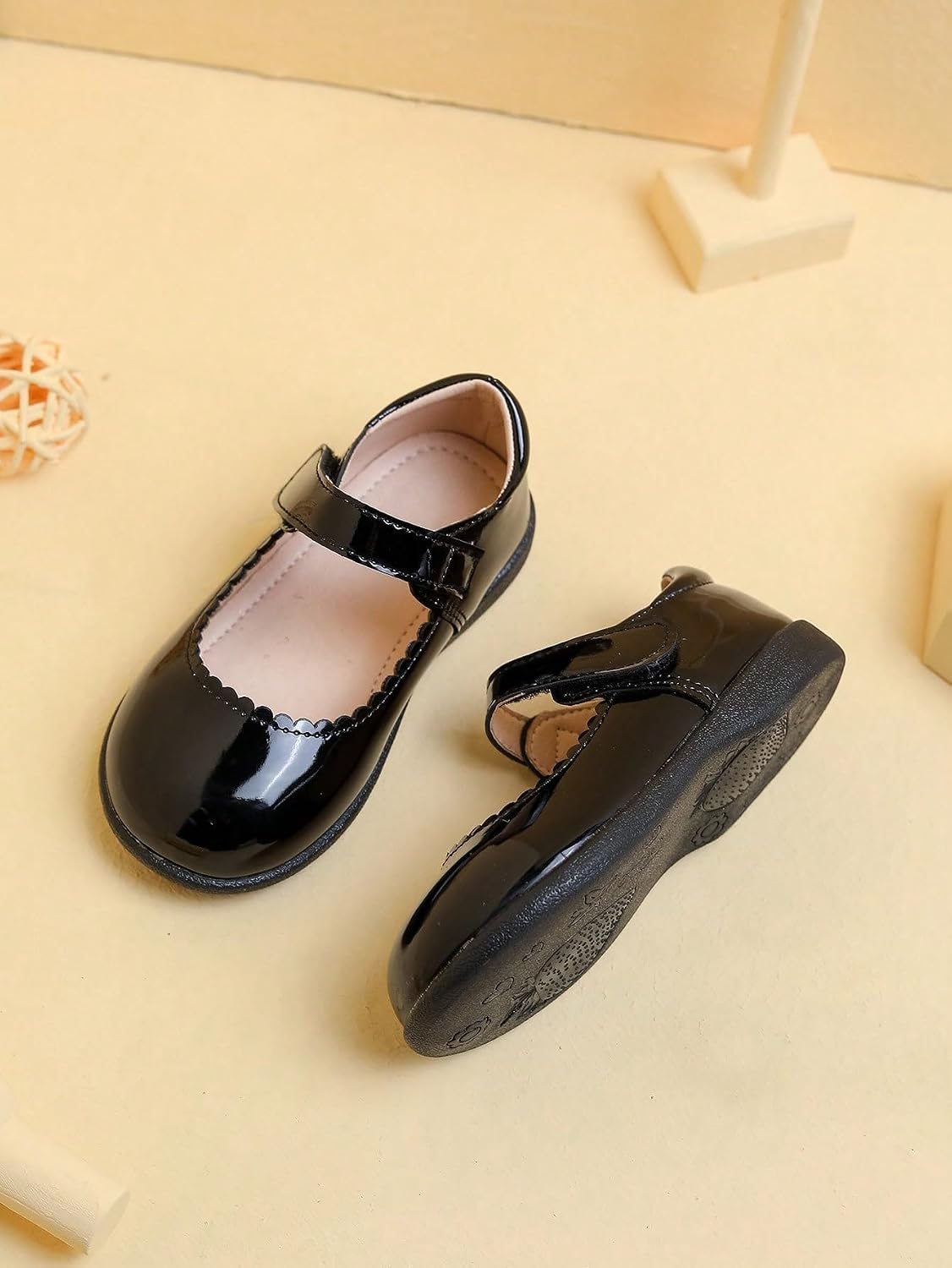 Girls Black Patent Leather Mary Jane Flats with Scalloped Trim, Hook and Loop Strap, Round Toe Dress Shoes for School and Formal Occasions