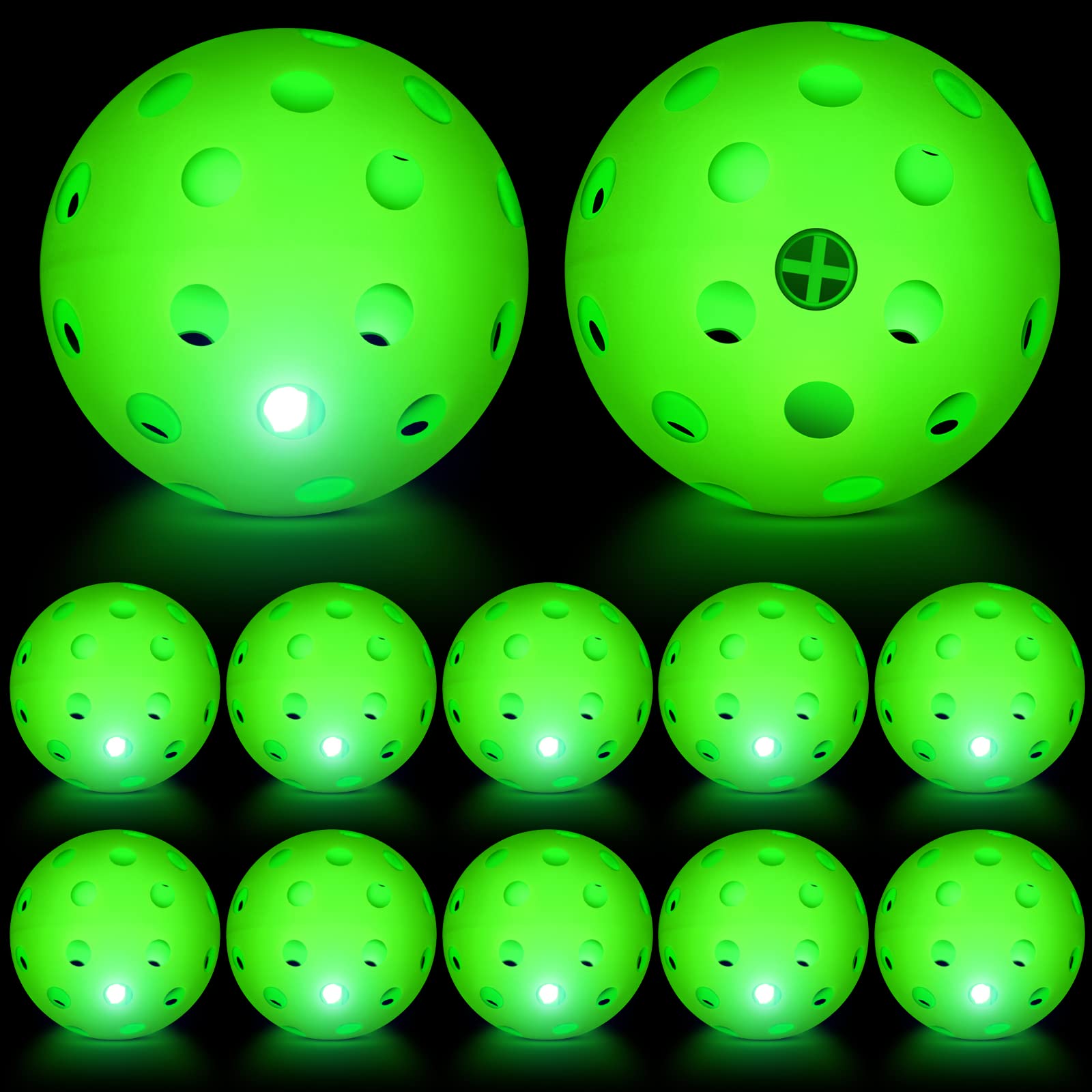 Chitidr 12 Pieces LED Light Up Plastic Practice Baseballs Plastic Hollow Balls Glow Lightweight Training Balls Green Glow Ball for Training Hitting Baseball Batting, Batteries Included