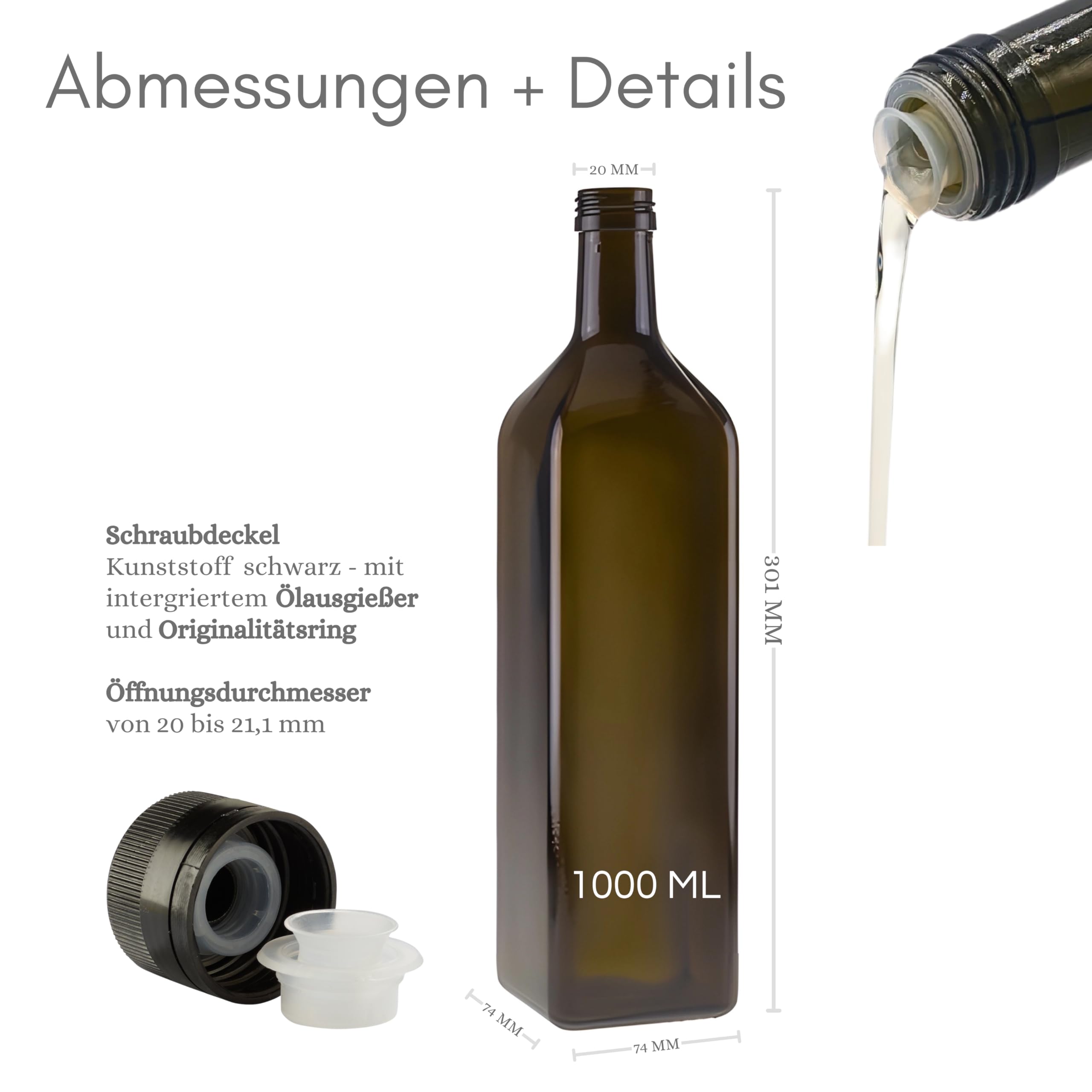 2 bottiglie di olio da 1000 ml in vetro con beccuccio integrato in plastica ed etichette