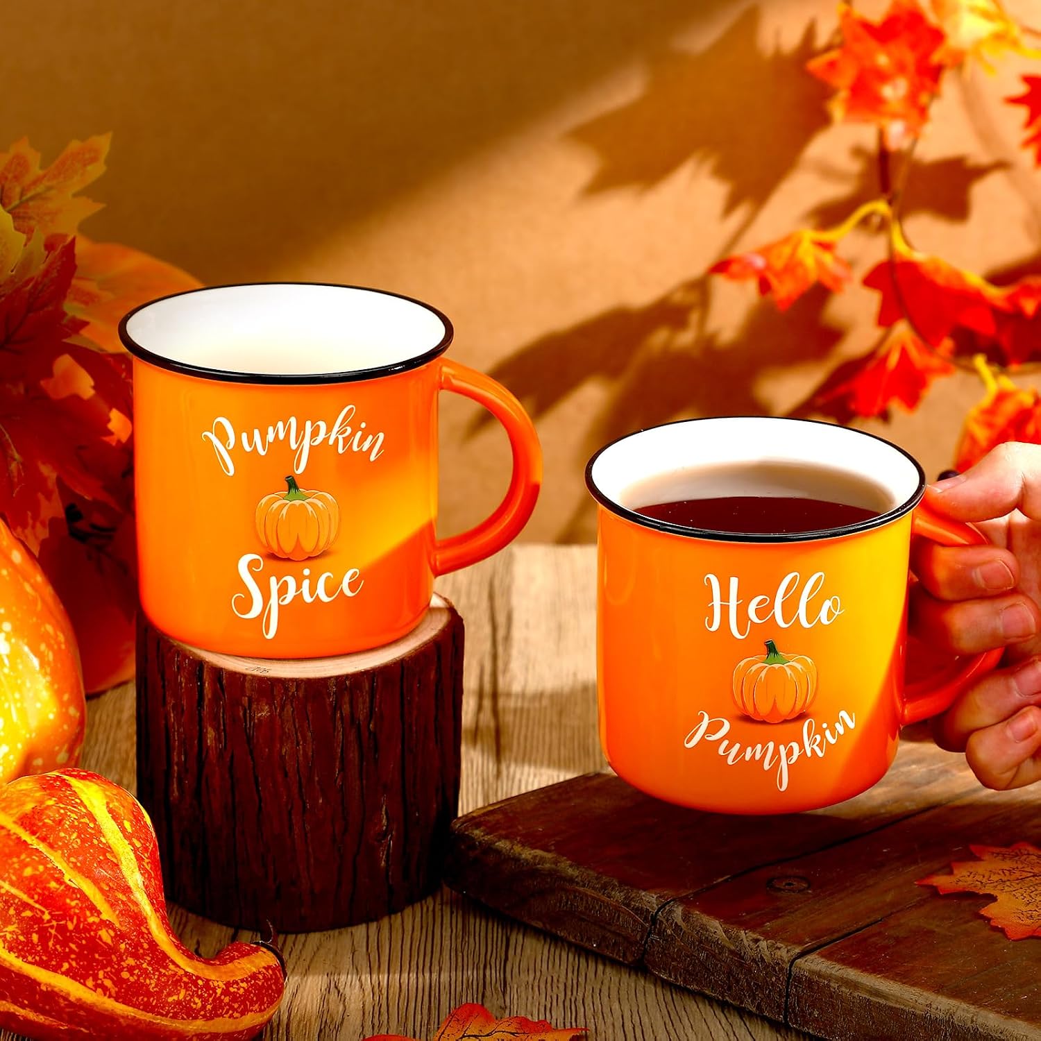 Mumufy 2 Pcs 14 oz Hello Pumpkin Mugs Ceramic Fall Coffee Mug Autumn Pumpkin Drinking Cups for Fall Halloween Thanksgiving Kitchen Dishes Decoration Holiday Gift, Orange