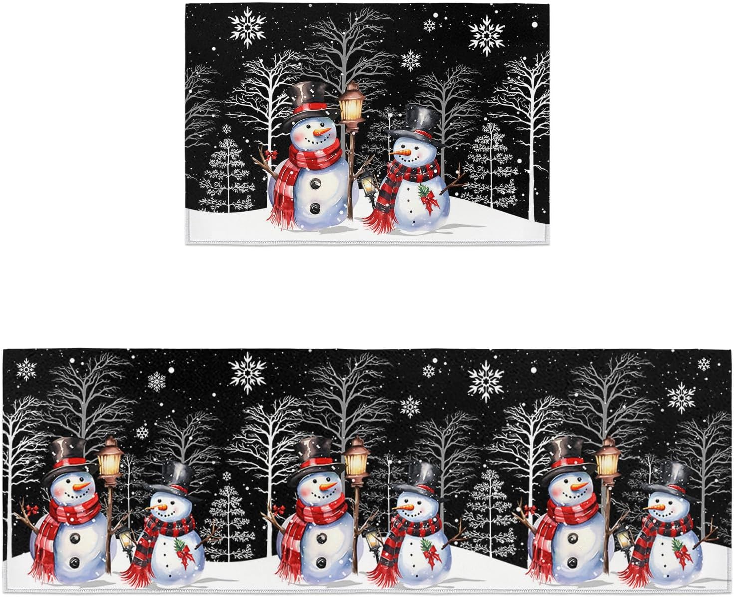 2 Pieces Kitchen Rugs and Mats Cartoon Snowman Christmas Tree Black Area Runner Rug Set Non Slip Floor Doormat Washable Carpet Standing Mat for Kitchen Sink Indoor Corridor Sketch Winter Snow Scene