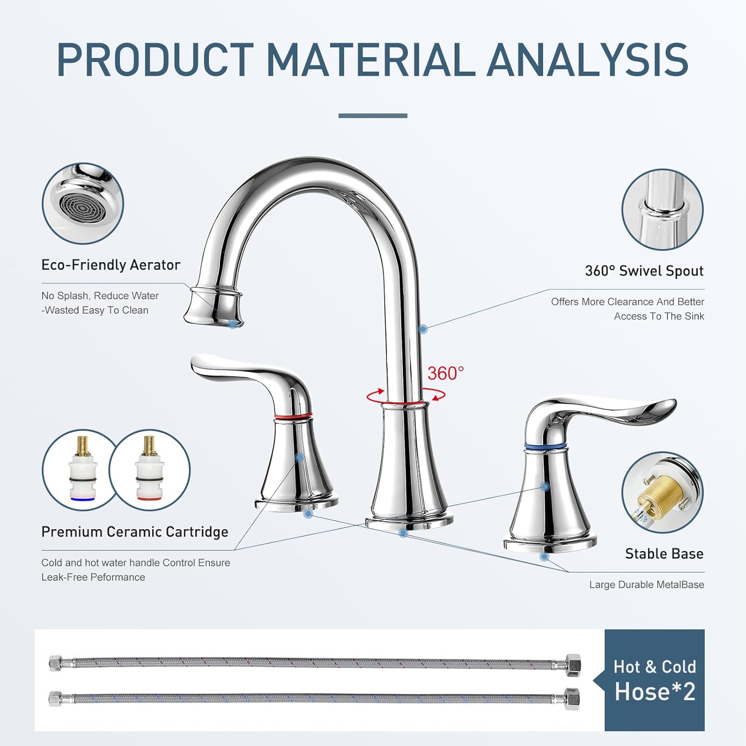 GENBONS Chrome Bathroom Faucet 3 Hole, 8 Inch Widespread Bathroom Sink Faucet 2-Handles Vanity Bath Faucets with Pop Up Drain