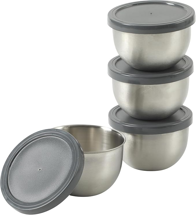 Oster Kempsville 4-Piece Stainless Steel Mini Bowls with Gray Lids – 3 Inch Prep and Storage Containers, Snack and Dipping Bowls