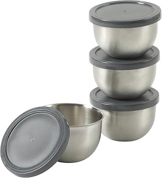 Oster Kempsville 4-Piece Stainless Steel Mini Bowls with Gray Lids 0.75 Cup 6 oz Capacity, 3 Inch Prep and Storage Containers, Snack and Dipping Bowls