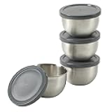 Oster Kempsville 4-Piece Stainless Steel Mini Bowls with Gray Lids – 3 Inch Prep and Storage Containers, Snack and Dipping Bowls