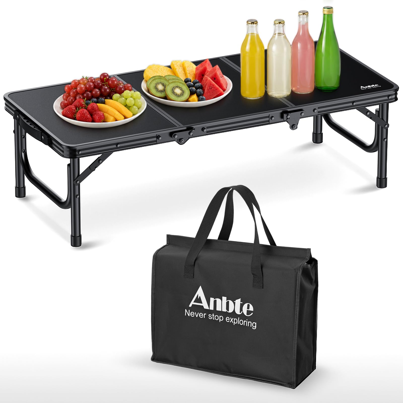 Anbte Table de Pique-Nique Pliante Basse 87x40x26cm, Noir | Aluminium Renforcé avec Sac de Rangement, Poignée Portable, Légère, Supporte jusqu'à 30 kg, pour Camping, Plage, BBQ