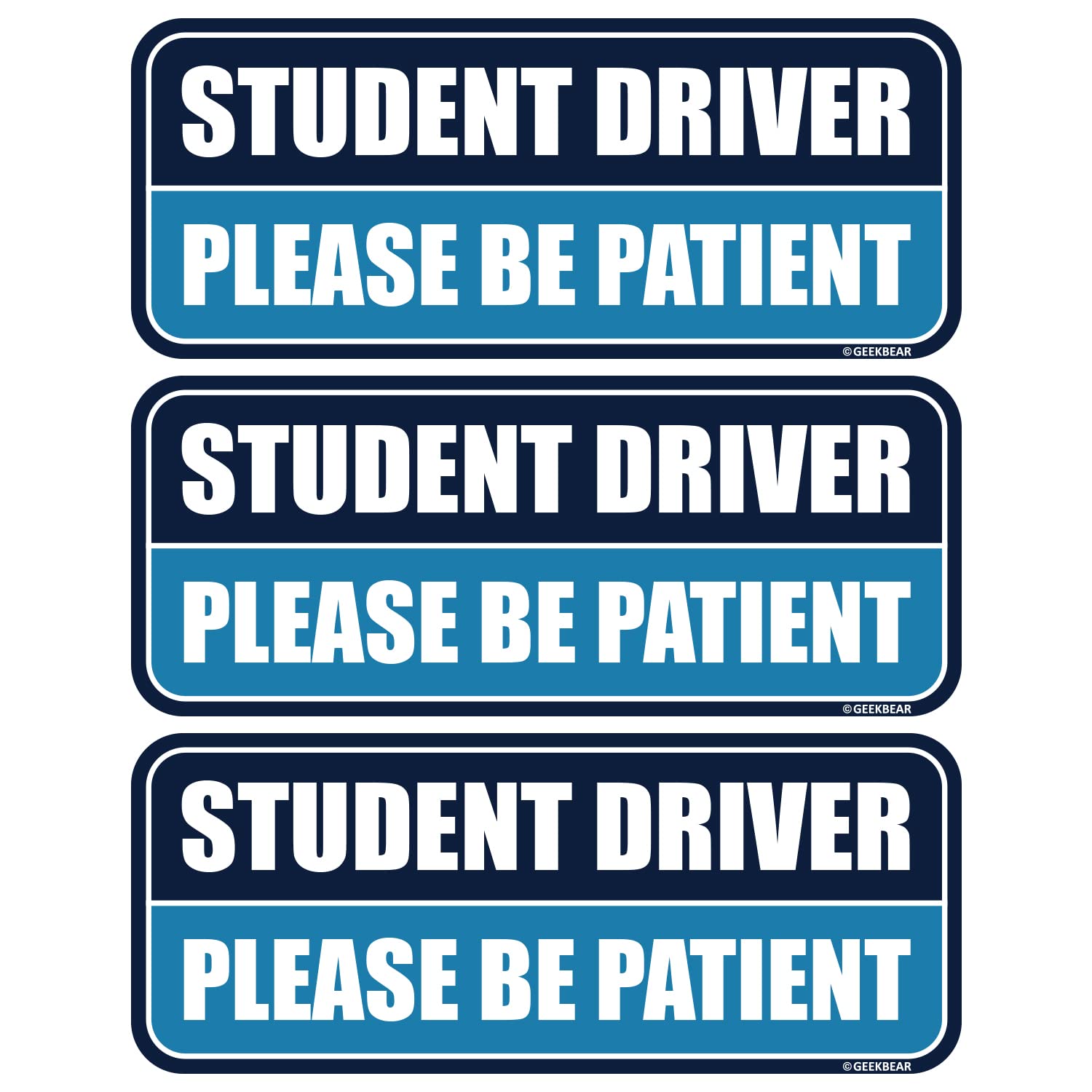 GEEKBEARStudent Driver Car Magnet - Colorful, Reflective, Weather-Resistant - Rectangular 8.7 x 3.5 in (Navy/Blue, 3 Pack)