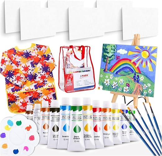 Paint Easel Kids Art Set- 28-Piece Acrylic Painting Supplies Kit with Storage Bag, 12 Non Toxic Washable Paints, 1 Scratch Free Wood Easel, 6 Blank Canvases 8 x 10 inches, 5 Brushes, 10 Well Palette