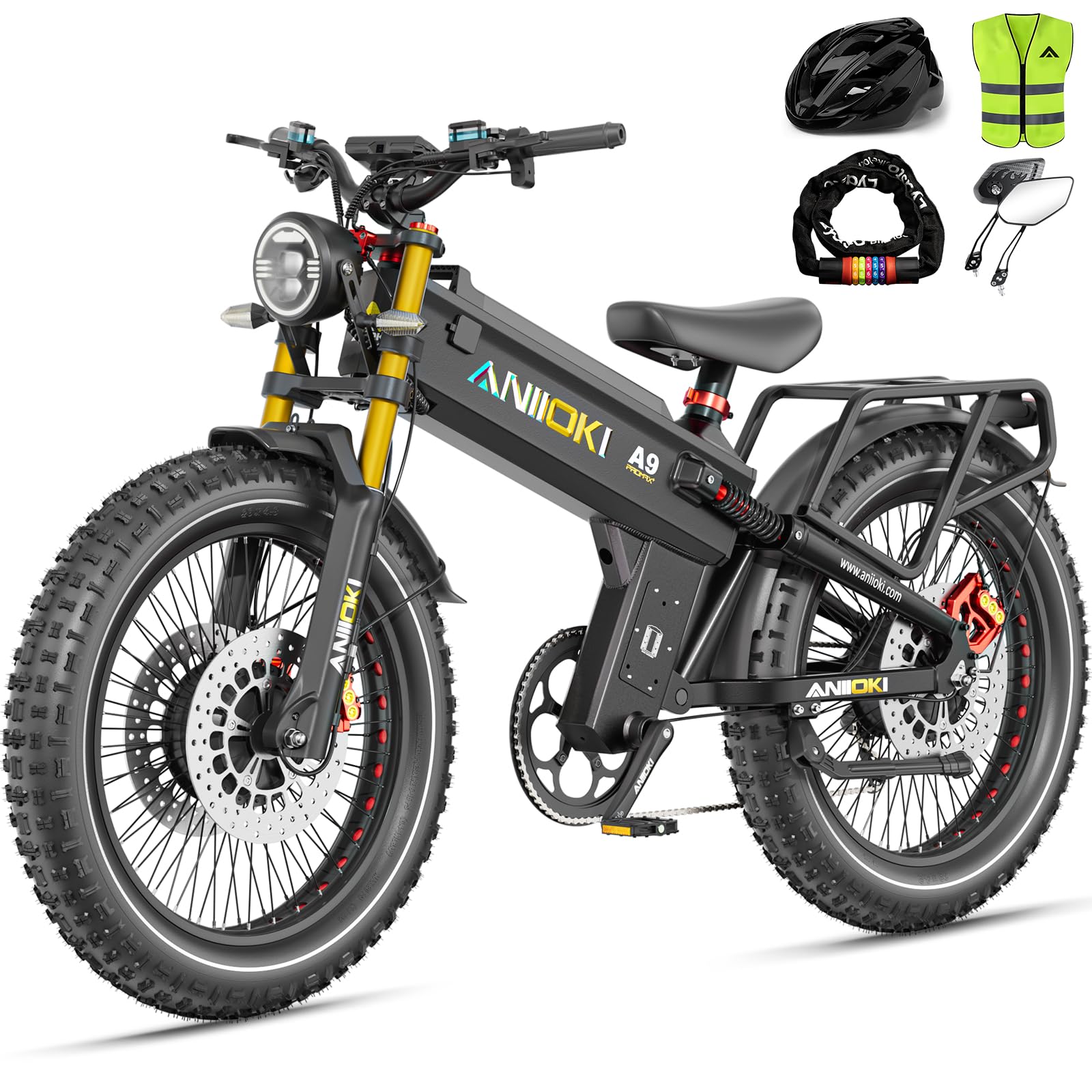 ANIIOKI Dual Motor Electric Bike for Adults,46MPH with 52/60V 70/80AH Battery Ebikes,Fat Tire All Terrain Electric Bike, Full Suspension E Bike, 7-Speed Gear Electric Bicycle