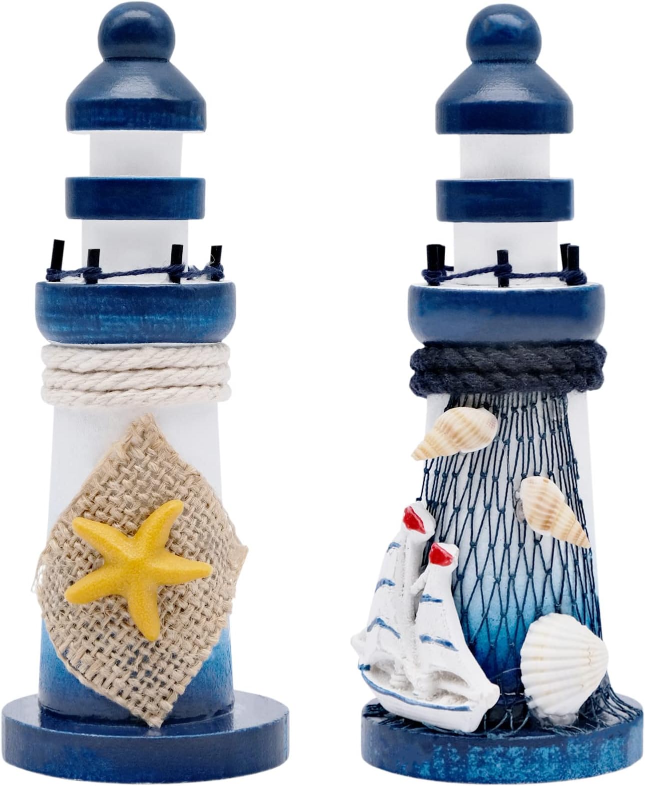 2pcs Mini Wooden Lighthouse, Miniature Lighthouse Decoration Marine Candle Holder Model Mediterranean Style Beach Theme
