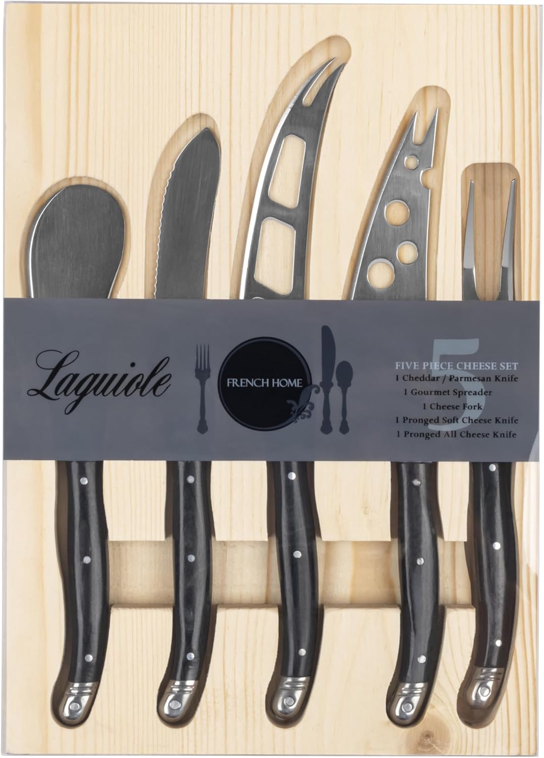 French Home Laguiole 5-Piece Artisan Cheese Knife Set – Versatile Cheese Knives Set with Three-Rivet Black Pakkawood Handles & Iconic Bee Emblem – Sophisticated Charcuterie Board Accessories
