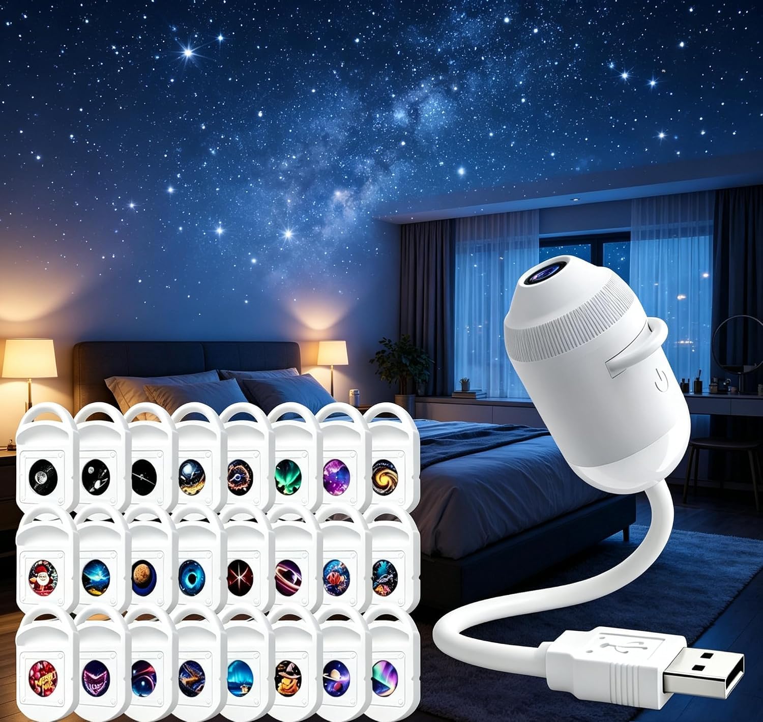 HD 5D Galaxy Star Projector Night Light, 2-in-1 Holographic Lamp with 3/6/12/24 Projection Films, 360° Adjustable, USB Powered, for Bedroom Kids Room Gift