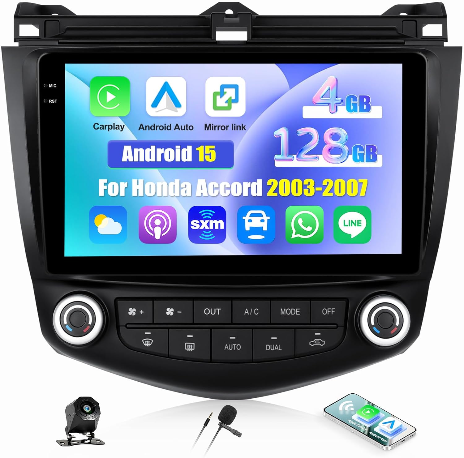 [4G+128G] for Honda Accord 2003-2007 Android 15 Car Radio with Carplay Android Auto 9 Inch Touch Screen Bluetooth/FM/RDS/WiFi/GPS Navigation/SWC+AHD Backup Camera