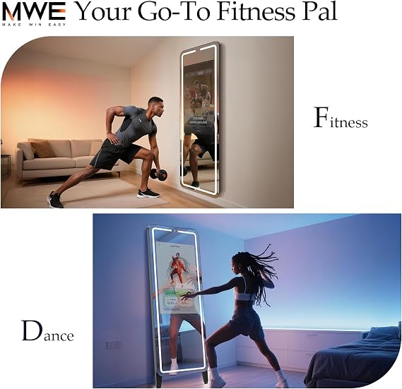 Smart Gym Mirror for Home Workout | 32 HD Touch-Screen Android OS | 63 Reflective Surface | No VIP Fees Support Various APPs, Music Sync LED Light Strip, for Home Gym/Yoga/Dance