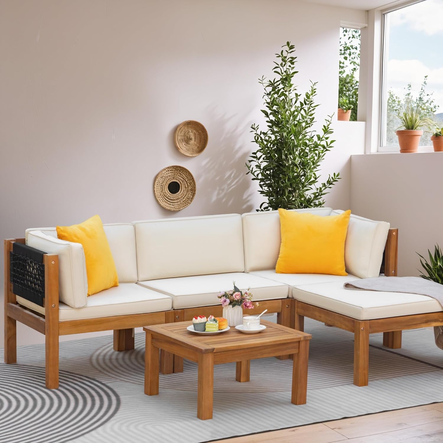 Greesum 5 Pieces Small Patio Sofa, Acacia Wood Outdoor Conversation Sets with Tea Table for Garden Porch and Backyard, Beige