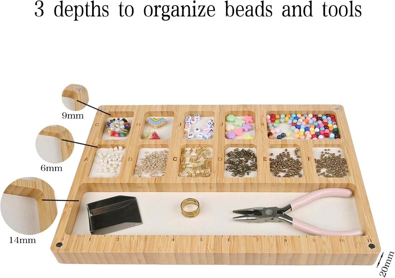 Favonuovy Beads Sorting Tray with Scoop, Magnetic Acrylic Lid, Band and Velvet Padding Bead Boards for Jewelry Bracelet Making Wood Beading Mat Engraved with 11in Ruler, 12 Compartments and Letter A-K - Image 5