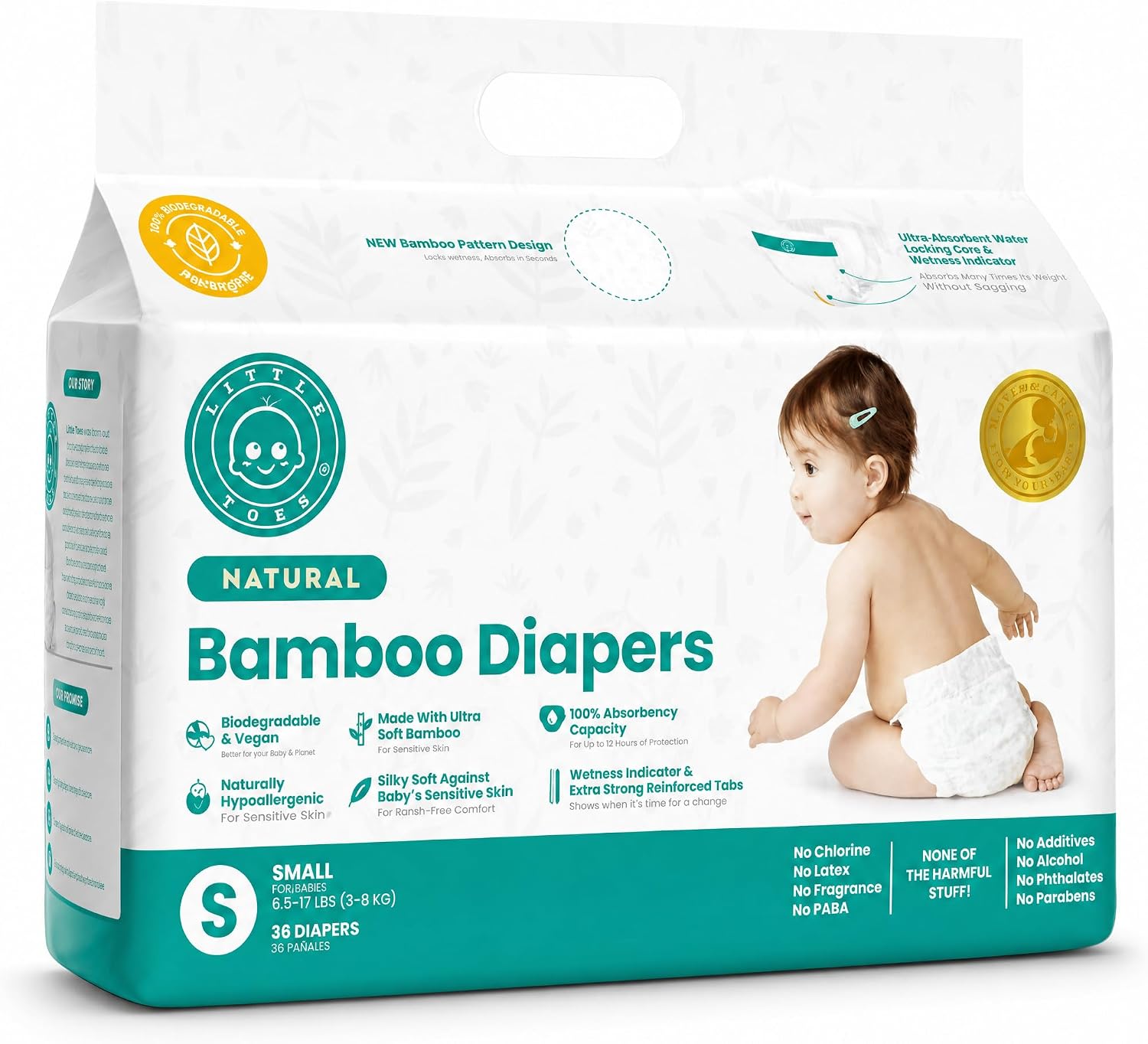 Little Toes Patented Natural Disposable Viscose Diapers ǀ Day and Overnight Diapers ǀ Sustainable | Size 1 Small | 36 Pack