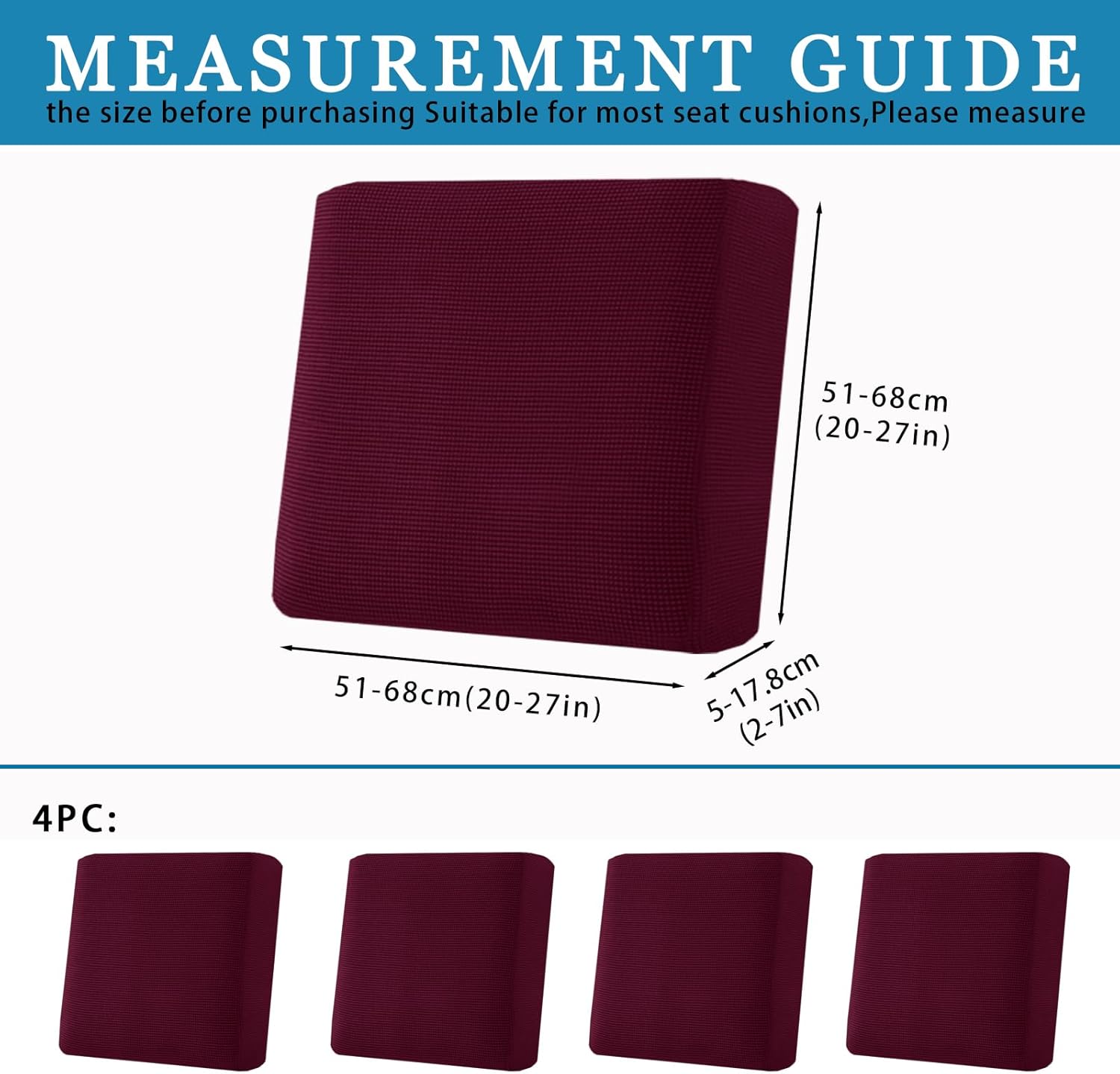 4Pcs Outdoor Cushions Covers, Waterproof Jacquard Patio Stretch Couch Seat Slipcovers, Replacement Square Sectional Chair Slipcovers， Washable Reusable Furniture Protector (Wine Red)