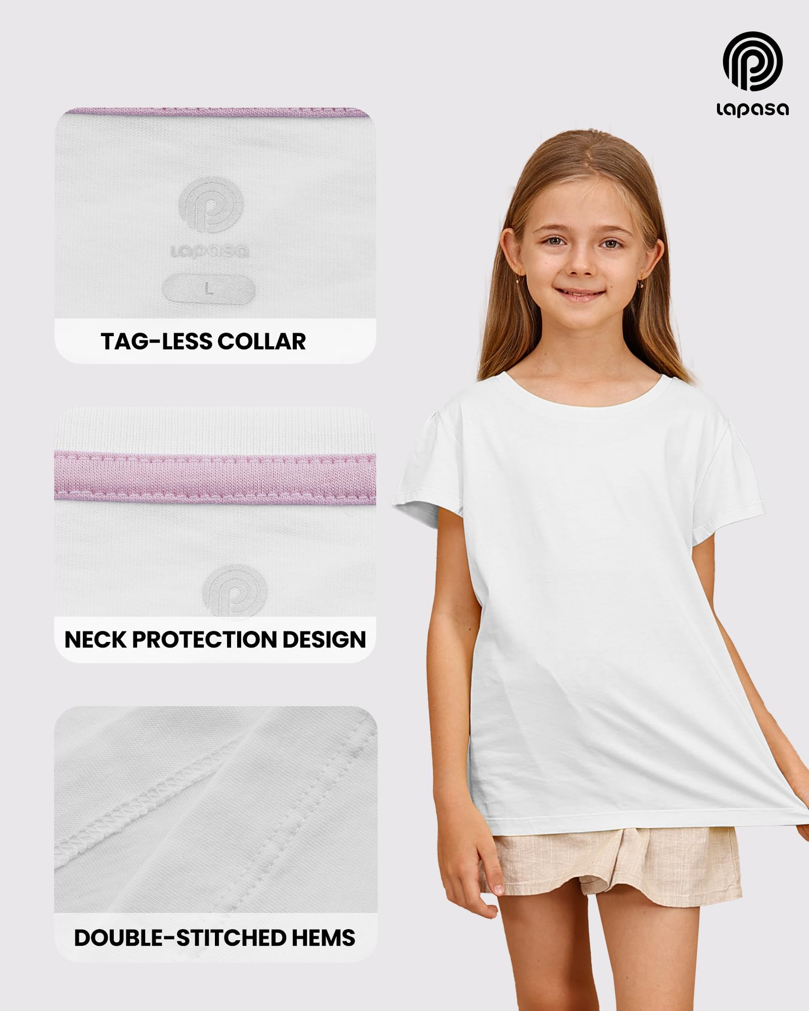LAPASA Lot de 4 T-Shirts Enfant Garçon et Fille 100% Coton Couleur Uni Manches Courtes Col Rond Unisexe Mixte Été K01
