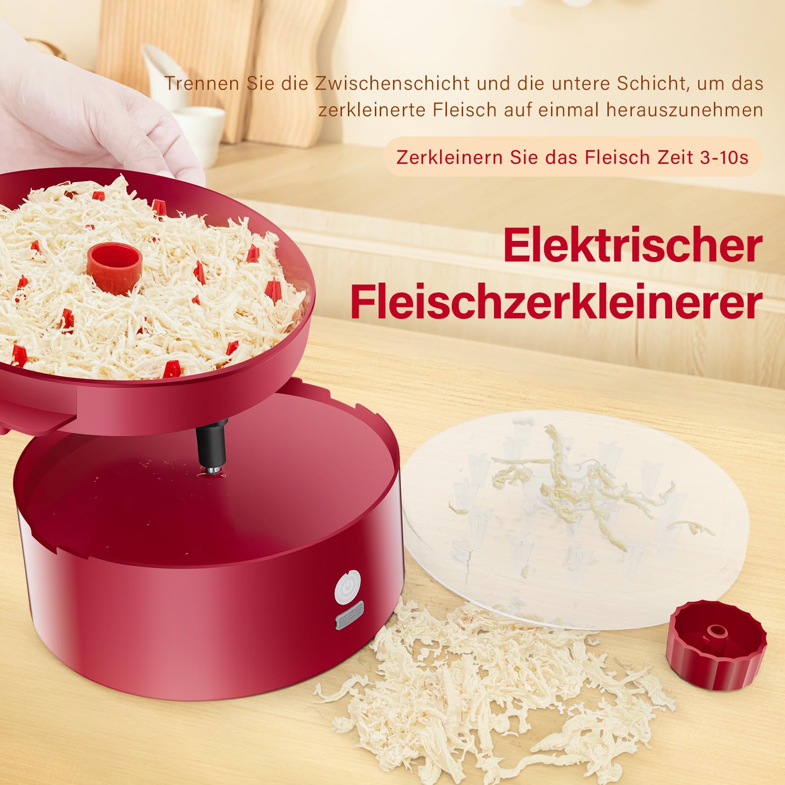 Automatischer Elektrischer Hähnchen-Zerkleinerer|Typ-C Schnellladung & 60min Laufzeit|8"/20CM sichtbare Zerkleinerungskammer mit Bürste/Gabel|BPA-frei spülmaschinenfest|für Meal Prep (Rot)