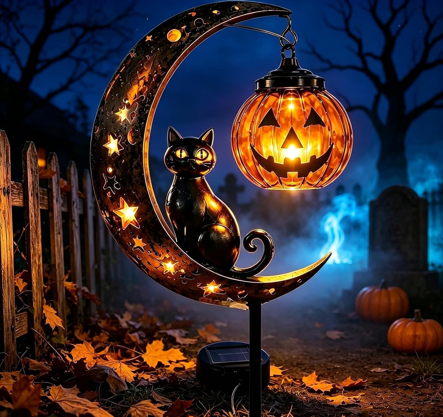 Solar Pumpkins Lantern Outdoor Halloween Yard Decor for Garden,Patio,Lawn,Walkway,Solar Halloween Black Cat & Pumpkin Moon Garden Stake Light (Pumpkin-A)
