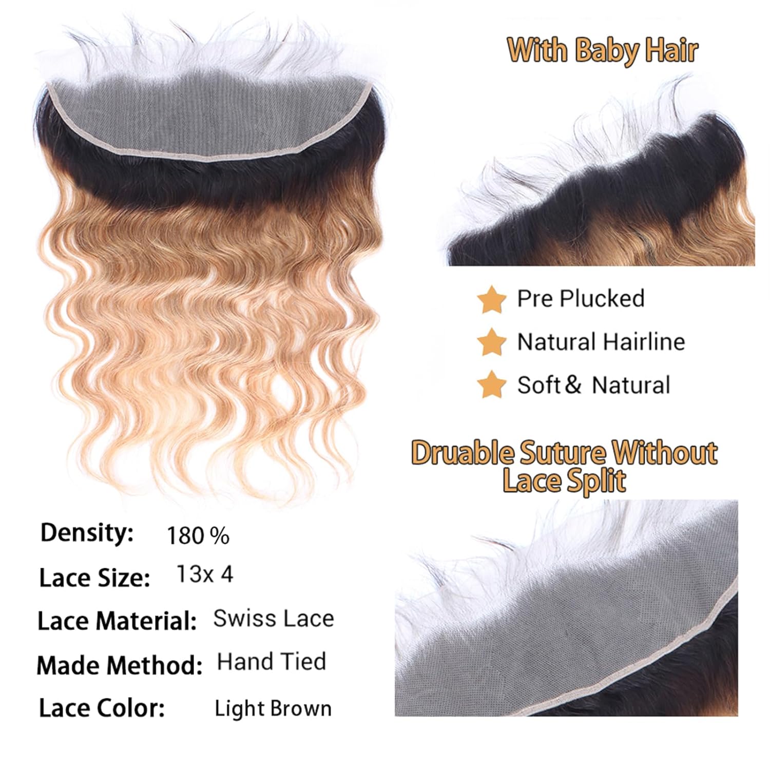 Ombre 13 x 4 Lace Frontal Closure Body Wave HD Transparent Ear to Ear HD Lace Frontal Closure Pre Plucked With Baby Hair Free Part 100% Remy Human Hair 180% Density (14 Inch)