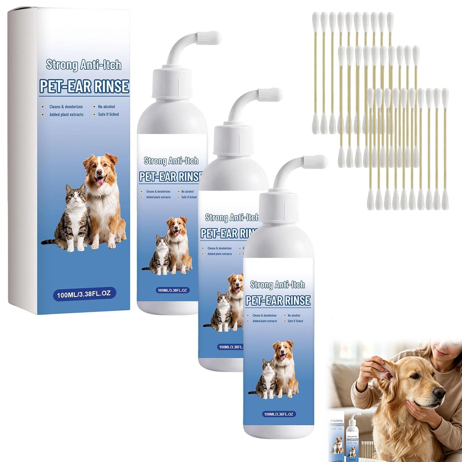 Solution nettoyante Douce sans Odeur pour Oreilles Chiens Chats, 100 ML (3pcs)