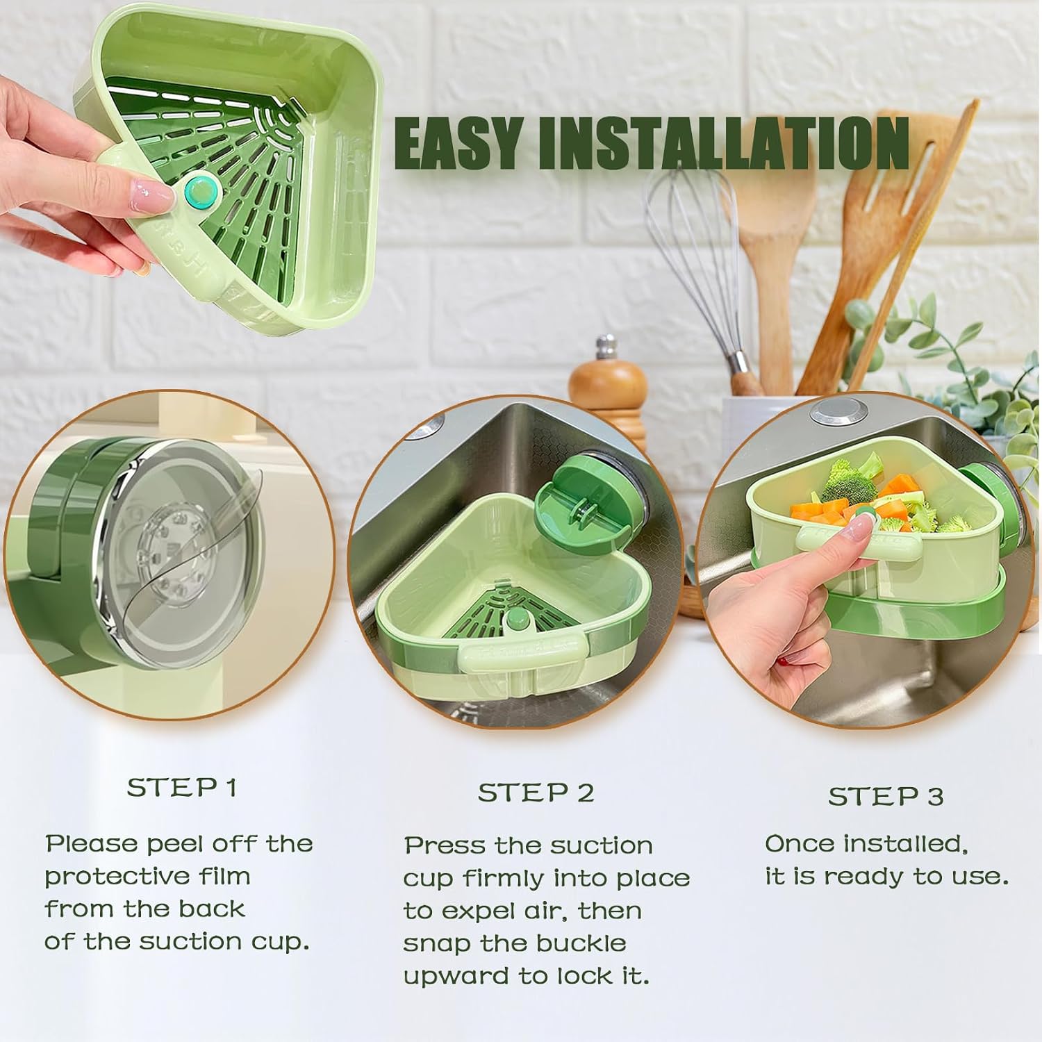 2PCS Suction Cup Sink Corner Racks, Corner Sink Strainer, Sink Corner Rack Strainer with Automatic Press-To-Dump Design, Sink Strainer Basket with Duty Dish Sponge, Multifunctional Food Waste Catcher. image 3